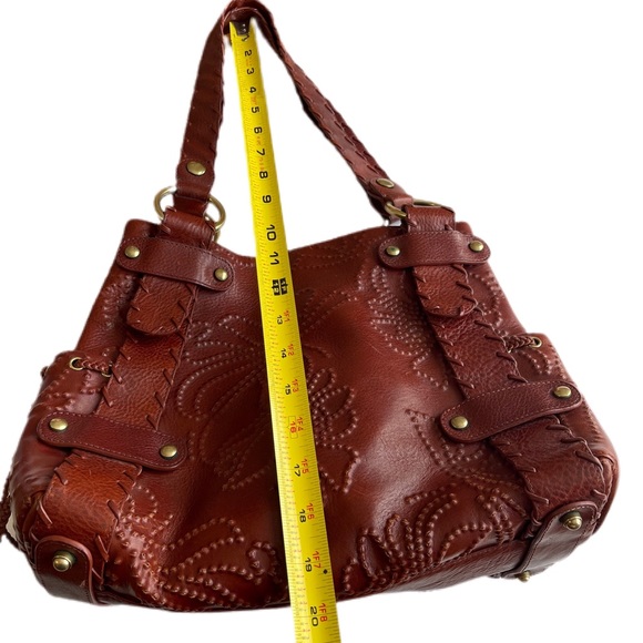 Kooba Sienna Dark Brown Leather Whip Stitched Embossed Floral Shoulder Bag EUC - Picture 8 of 16